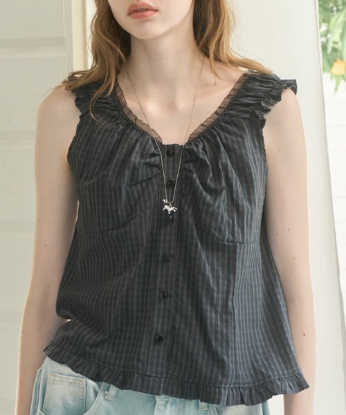 Birthday room(バースデイルーム)の「フリルギャザーノースリーブBL/Frilled gathered sleeveless BL(シャツ/ブラウス・レディース・ネイビー/ホワイト/ミント・FREE)」の21枚目の写真