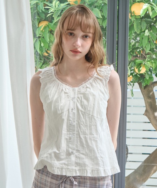 Birthday room(バースデイルーム)の「フリルギャザーノースリーブBL/Frilled gathered sleeveless BL(シャツ/ブラウス・レディース・ネイビー/ホワイト/ミント・FREE)」の4枚目の写真