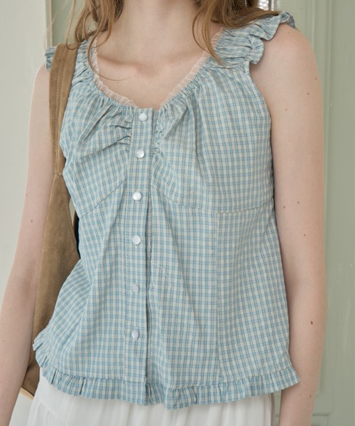 Birthday room(バースデイルーム)の「フリルギャザーノースリーブBL/Frilled gathered sleeveless BL(シャツ/ブラウス・レディース・ネイビー/ホワイト/ミント・FREE)」の13枚目の写真
