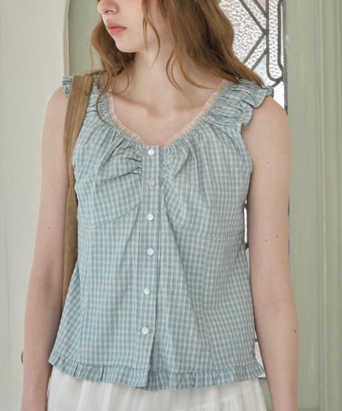 Birthday room(バースデイルーム)の「フリルギャザーノースリーブBL/Frilled gathered sleeveless BL(シャツ/ブラウス・レディース・ネイビー/ホワイト/ミント・FREE)」の15枚目の写真