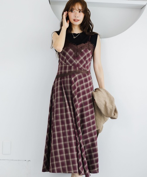 mysty woman（ミスティウーマン）の「切り替えチェックレースキャミワンピース 1046907（ワンピース・レディース・ボルドー/ブルー・FREE）」の2枚目の写真