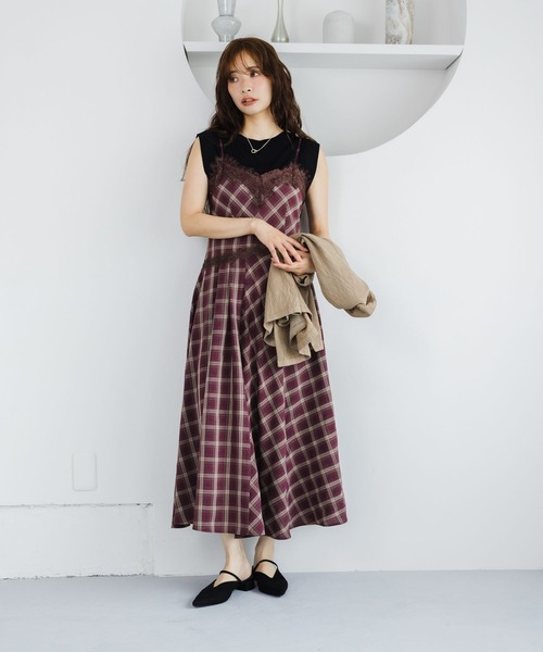 mysty woman（ミスティウーマン）の「切り替えチェックレースキャミワンピース 1046907（ワンピース・レディース・ボルドー/ブルー・FREE）」の4枚目の写真