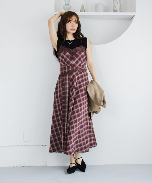 mysty woman（ミスティウーマン）の「切り替えチェックレースキャミワンピース 1046907（ワンピース・レディース・ボルドー/ブルー・FREE）」の6枚目の写真