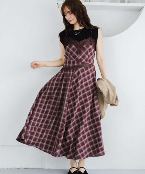 mysty woman（ミスティウーマン）の「切り替えチェックレースキャミワンピース 1046907（ワンピース・レディース・ボルドー/ブルー・FREE）」の7枚目の写真