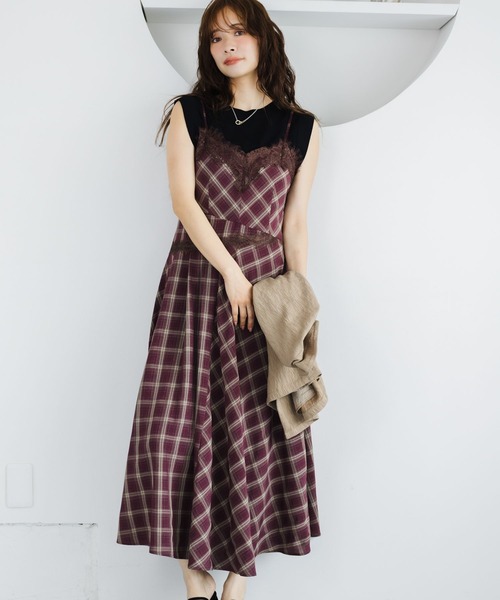 mysty woman（ミスティウーマン）の「切り替えチェックレースキャミワンピース 1046907（ワンピース・レディース・ボルドー/ブルー・FREE）」の8枚目の写真