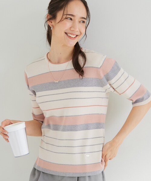 SHOO・LA・RUE(シューラルー)の「【S-LL】オンオフ着られる マルチボーダーリブニット(ニット/セーター・レディース・ホワイト系5/グレー系2/ネイビー系2・01/02/03/04)」の1枚目の写真