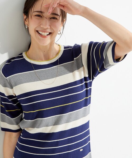SHOO・LA・RUE(シューラルー)の「【S-LL】オンオフ着られる マルチボーダーリブニット(ニット/セーター・レディース・ホワイト系5/グレー系2/ネイビー系2・01/02/03/04)」の3枚目の写真