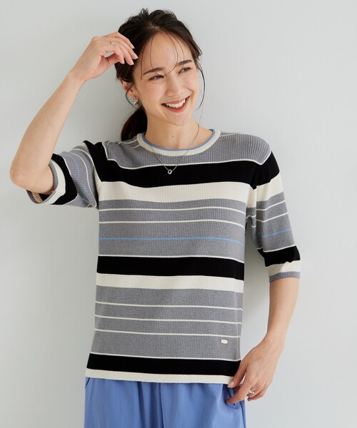 SHOO・LA・RUE(シューラルー)の「【S-LL】オンオフ着られる マルチボーダーリブニット(ニット/セーター・レディース・ホワイト系5/グレー系2/ネイビー系2・01/02/03/04)」の18枚目の写真