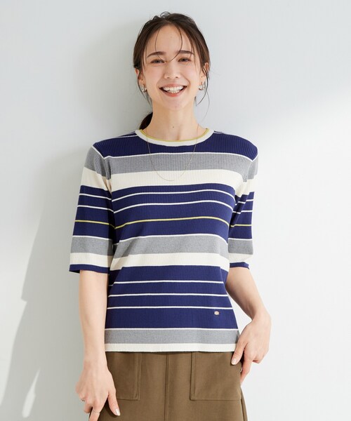 SHOO・LA・RUE(シューラルー)の「【S-LL】オンオフ着られる マルチボーダーリブニット(ニット/セーター・レディース・ホワイト系5/グレー系2/ネイビー系2・01/02/03/04)」の14枚目の写真