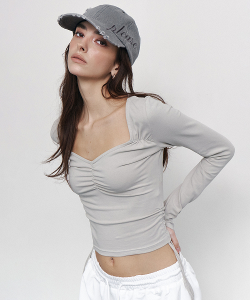 PLEASENOFOLLOW(プリーズノーフォロー)の「Mov Shirring Long Sleeve Top (Ash Grey)(Tシャツ/カットソー・レディース・その他・FREE)」の1枚目の写真