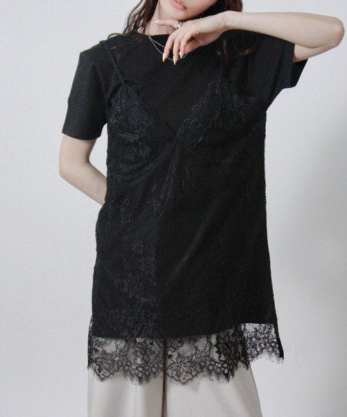 NYLAUS(ナイラス)の「【SG】レースキャミレイヤードTシャツ 半袖Tシャツ ドッキングTシャツ(Tシャツ/カットソー・レディース・ブラック/オフホワイト/杢グレー・M)」の3枚目の写真
