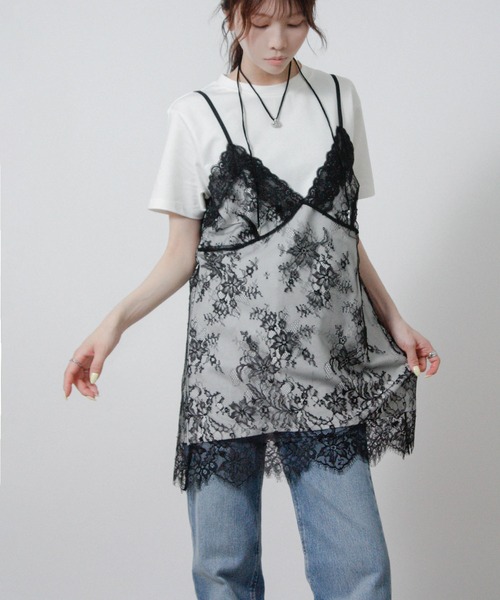 NYLAUS(ナイラス)の「【SG】レースキャミレイヤードTシャツ 半袖Tシャツ ドッキングTシャツ(Tシャツ/カットソー・レディース・ブラック/オフホワイト/杢グレー・M)」の7枚目の写真