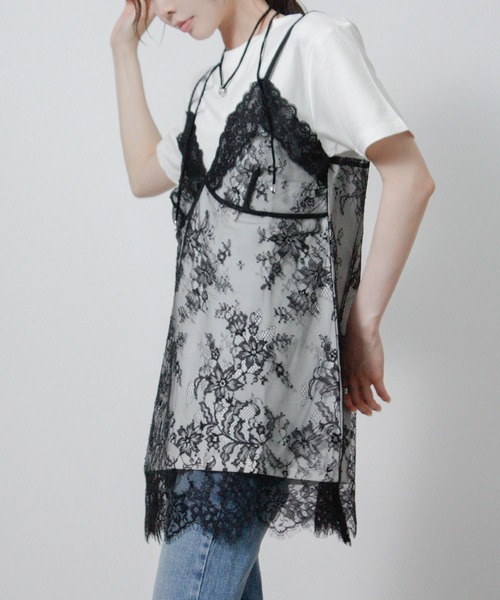 NYLAUS(ナイラス)の「【SG】レースキャミレイヤードTシャツ 半袖Tシャツ ドッキングTシャツ(Tシャツ/カットソー・レディース・ブラック/オフホワイト/杢グレー・M)」の8枚目の写真