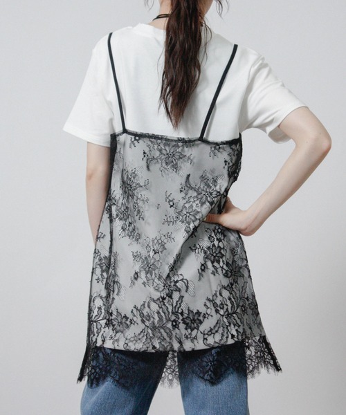 NYLAUS(ナイラス)の「【SG】レースキャミレイヤードTシャツ 半袖Tシャツ ドッキングTシャツ(Tシャツ/カットソー・レディース・ブラック/オフホワイト/杢グレー・M)」の9枚目の写真
