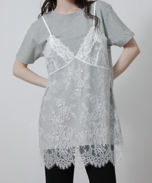 NYLAUS(ナイラス)の「【SG】レースキャミレイヤードTシャツ 半袖Tシャツ ドッキングTシャツ(Tシャツ/カットソー・レディース・ブラック/オフホワイト/杢グレー・M)」の13枚目の写真