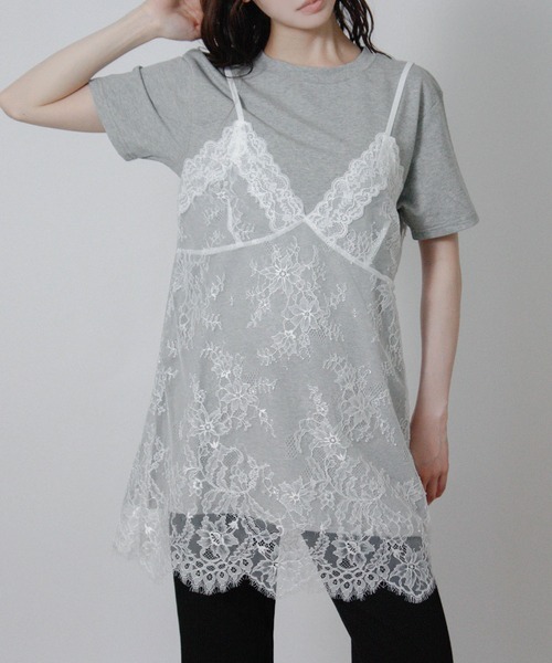 NYLAUS(ナイラス)の「【SG】レースキャミレイヤードTシャツ 半袖Tシャツ ドッキングTシャツ(Tシャツ/カットソー・レディース・ブラック/オフホワイト/杢グレー・M)」の14枚目の写真