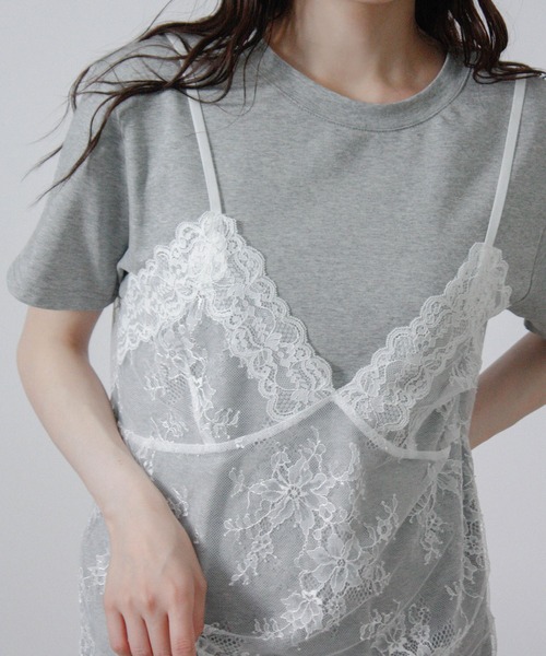 NYLAUS(ナイラス)の「【SG】レースキャミレイヤードTシャツ 半袖Tシャツ ドッキングTシャツ(Tシャツ/カットソー・レディース・ブラック/オフホワイト/杢グレー・M)」の18枚目の写真