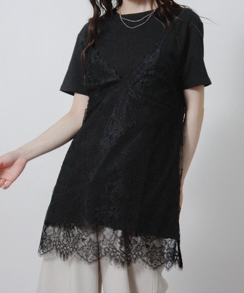 NYLAUS(ナイラス)の「【SG】レースキャミレイヤードTシャツ 半袖Tシャツ ドッキングTシャツ(Tシャツ/カットソー・レディース・ブラック/オフホワイト/杢グレー・M)」の21枚目の写真