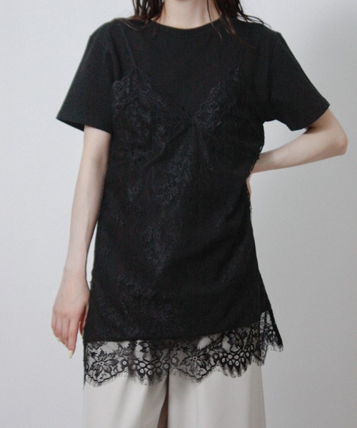 NYLAUS(ナイラス)の「【SG】レースキャミレイヤードTシャツ 半袖Tシャツ ドッキングTシャツ(Tシャツ/カットソー・レディース・ブラック/オフホワイト/杢グレー・M)」の22枚目の写真