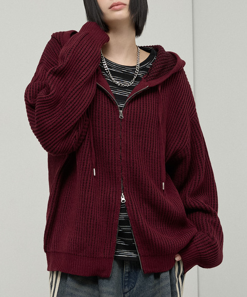 Alfred Alex(アルフレッドアレックス)の「【Alfred Alex】Double Zip Knit Hoodie / ルーズシルエット ダブルジップニットパーカー(ニット/セーター・メンズ・ダークブラウン/ダークグレー/ブラック/レッド・L/M)」の17枚目の写真