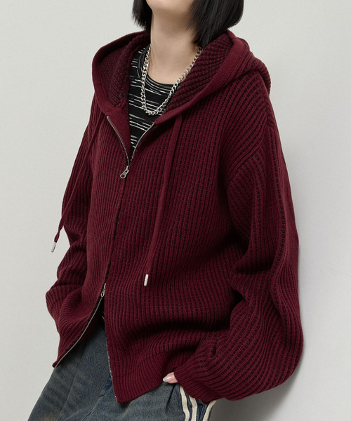 Alfred Alex(アルフレッドアレックス)の「【Alfred Alex】Double Zip Knit Hoodie / ルーズシルエット ダブルジップニットパーカー(ニット/セーター・メンズ・ダークブラウン/ダークグレー/ブラック/レッド・L/M)」の18枚目の写真