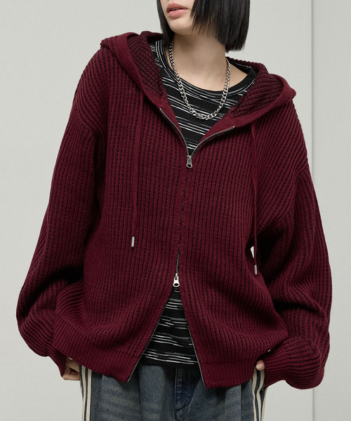 Alfred Alex(アルフレッドアレックス)の「【Alfred Alex】Double Zip Knit Hoodie / ルーズシルエット ダブルジップニットパーカー(ニット/セーター・メンズ・ダークブラウン/ダークグレー/ブラック/レッド・L/M)」の19枚目の写真