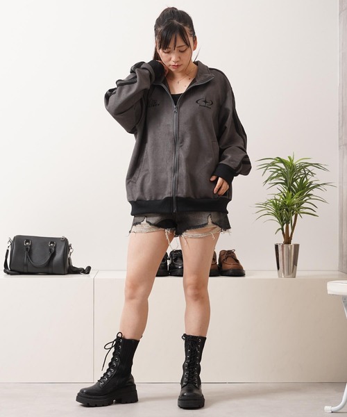 1111clothing（ワンフォークロージング）の「カットスエード 配色 トラックジャケット / Color Block Cut Suede Track Jacket（ブルゾン・レディース・グレー/ミント/チャコールグレー・L/M/S）」の8枚目の写真