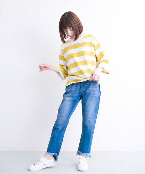 MERLOT(メルロー)の「ボーダーワイドクロップドトップス1017/1128(Tシャツ/カットソー・レディース・ネイビー/イエロー/ブラック/カーキ・FREE)」の10枚目の写真