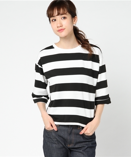 MERLOT(メルロー)の「ボーダーワイドクロップドトップス1017/1128(Tシャツ/カットソー・レディース・ネイビー/イエロー/ブラック/カーキ・FREE)」の5枚目の写真