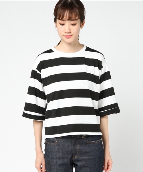 MERLOT(メルロー)の「ボーダーワイドクロップドトップス1017/1128(Tシャツ/カットソー・レディース・ネイビー/イエロー/ブラック/カーキ・FREE)」の6枚目の写真