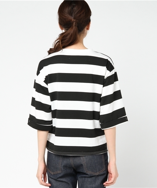 MERLOT(メルロー)の「ボーダーワイドクロップドトップス1017/1128(Tシャツ/カットソー・レディース・ネイビー/イエロー/ブラック/カーキ・FREE)」の8枚目の写真