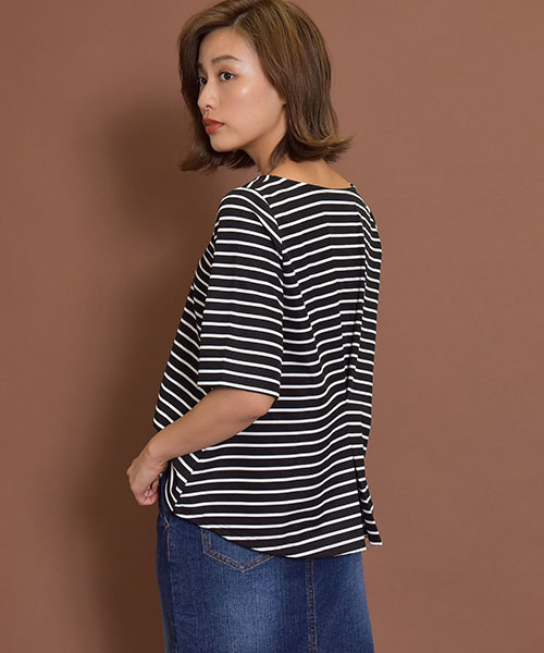 LIPSTAR(リップスター)の「Vネックフレアボーダーカットソー(Tシャツ/カットソー・レディース・ブラック系その他/イエロー系その他4/グレー系その他・M)」の1枚目の写真