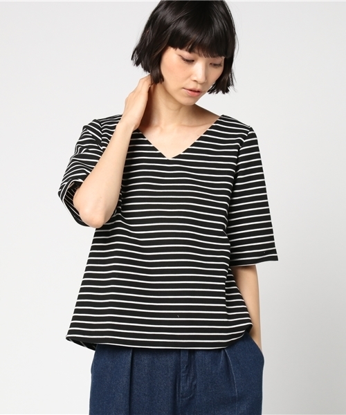 LIPSTAR(リップスター)の「Vネックフレアボーダーカットソー(Tシャツ/カットソー・レディース・ブラック系その他/イエロー系その他4/グレー系その他・M)」の14枚目の写真