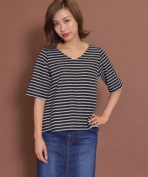 LIPSTAR(リップスター)の「Vネックフレアボーダーカットソー(Tシャツ/カットソー・レディース・ブラック系その他/イエロー系その他4/グレー系その他・M)」の15枚目の写真