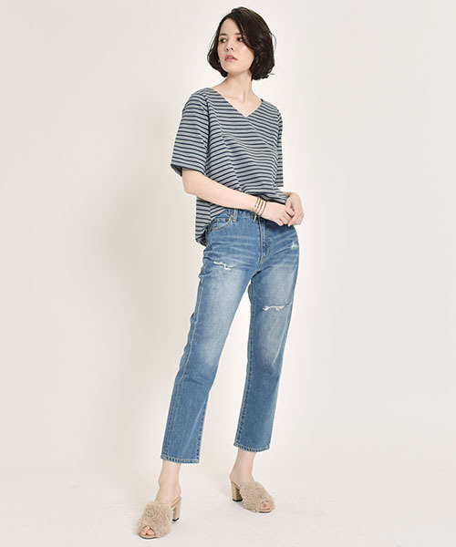 LIPSTAR(リップスター)の「Vネックフレアボーダーカットソー(Tシャツ/カットソー・レディース・ブラック系その他/イエロー系その他4/グレー系その他・M)」の11枚目の写真