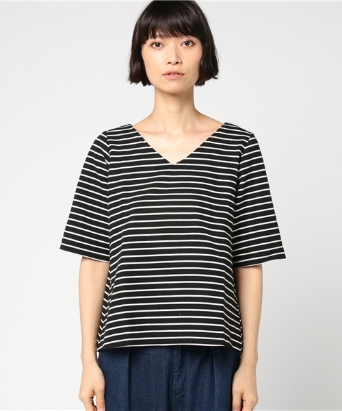 LIPSTAR(リップスター)の「Vネックフレアボーダーカットソー(Tシャツ/カットソー・レディース・ブラック系その他/イエロー系その他4/グレー系その他・M)」の4枚目の写真