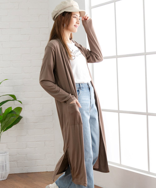 夢展望(ユメテンボウ)の「UVカット機能付きサイドスリットロング丈カーディガン(カーディガン/ボレロ・レディース・ピンク系その他/モカ/グレー/ネイビー/オフホワイト/ブラック/ベージュ・MEDIUM/LARGE)」の4枚目の写真