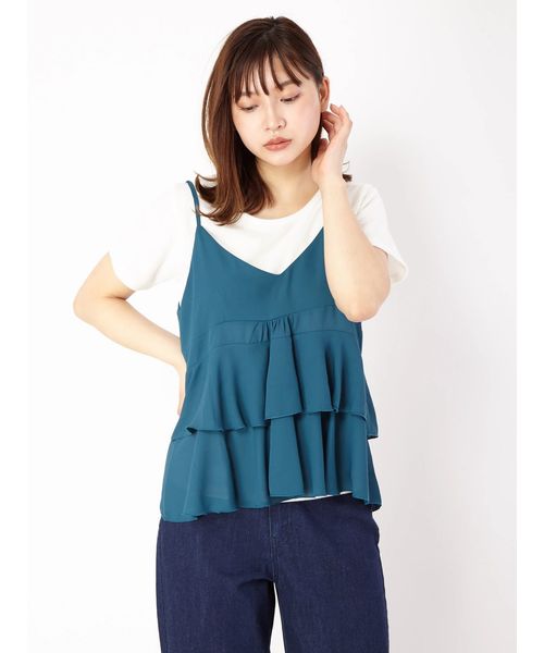 CECIL McBEE(セシルマクビー)の「インナー付きフリルキャミ(Tシャツ/カットソー)」|グリーン