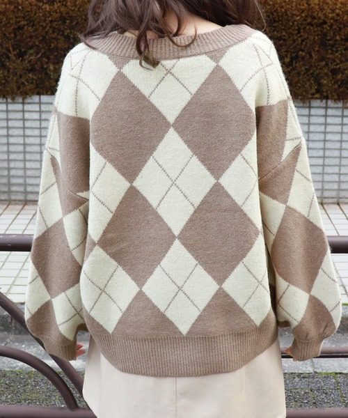 PairPair(ペアペア)の「アーガイルVネックニット(ニット/セーター・レディース・その他/モカ/ライトグリーン・FREE)」の12枚目の写真