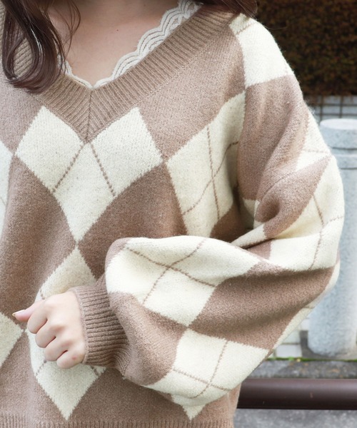 PairPair(ペアペア)の「アーガイルVネックニット(ニット/セーター・レディース・その他/モカ/ライトグリーン・FREE)」の9枚目の写真