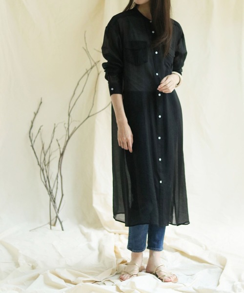 vingtrois（バントロア）の「【vingtrois】サイドスリットシアーシャツワンピース（ワンピース・レディース・ブラック/オフホワイト・M）」の7枚目の写真