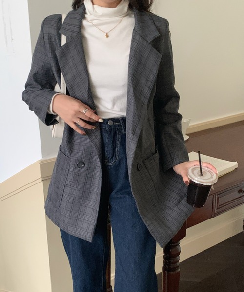 emi+（エミプラス）の「オーバーサイズチェックテーラードジャケット（テーラードジャケット・レディース・ブラウン/ブラック/グレー・S/M/L）」の8枚目の写真