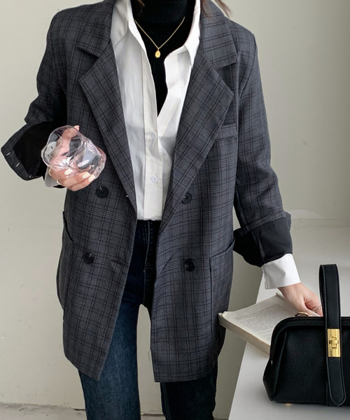 emi+（エミプラス）の「オーバーサイズチェックテーラードジャケット（テーラードジャケット・レディース・ブラウン/ブラック/グレー・S/M/L）」の17枚目の写真