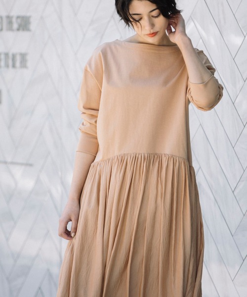 返品交換不可 トルファンコットンジャージー サテン ドッキングギャザーワンピース 格安販売中返品ok