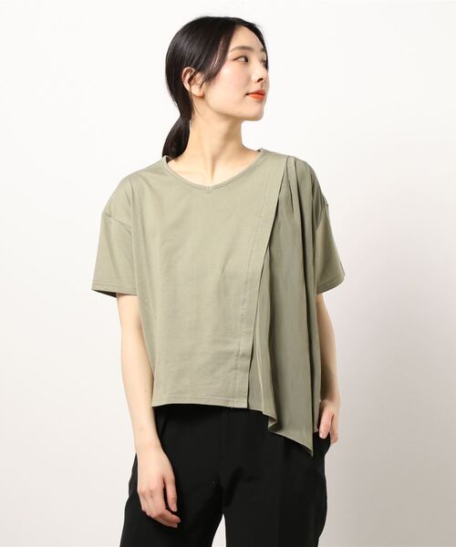 BDONNA（ビドンナ）の「クラシック天竺　異素材切替Vネックカットソー（Tシャツ/カットソー・レディース・ホワイト/カーキ/ブラック・MEDIUM）」の3枚目の写真