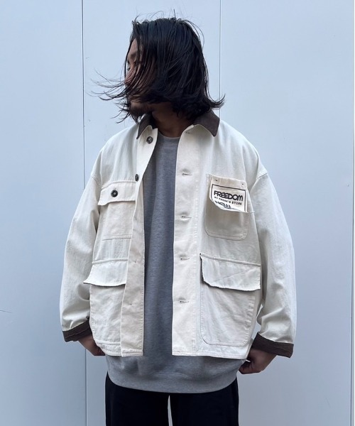 FREAK'S STORE（フリークスストア）の「ﾊﾞｲﾏﾃﾘｱﾙｶﾊﾞｰｵｰﾙ（カバーオール・メンズ・インディゴブルー/オフホワイト/キャメル・MEDIUM/LARGE）」の2枚目の写真