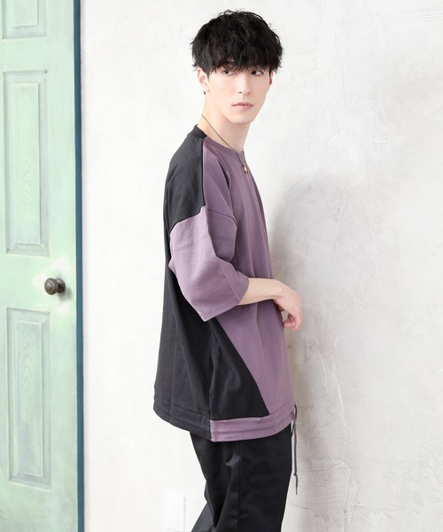 TopIsm（トップイズム）の「【2022】ワイドシルエット 配色切替 ５分袖カットソーー（Tシャツ/カットソー・メンズ・ホワイト/ベージュ/パープル・M/L）」の2枚目の写真