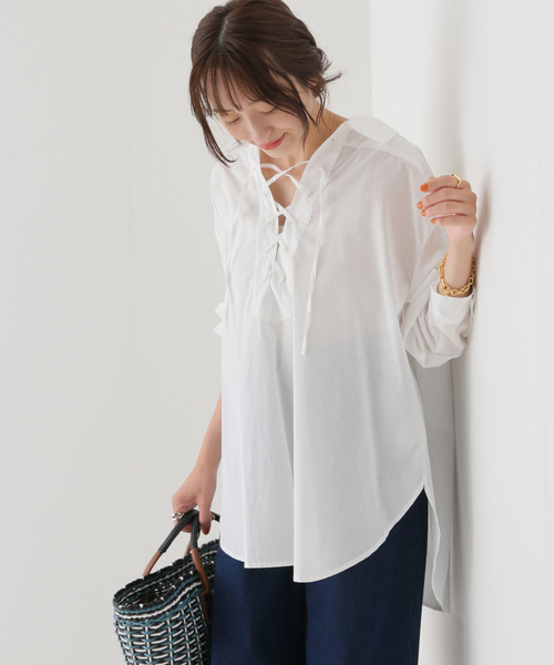 OUR 胸元レースアップブラウス 胸元レースアップブラウス – OURHOME