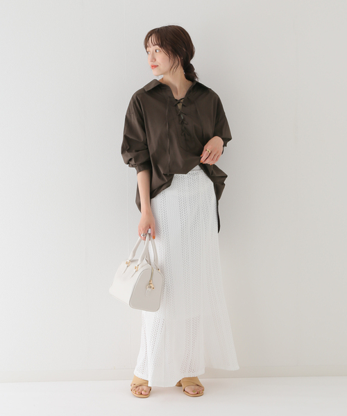 B.C STOCK(ベーセーストック)の「レースアップブラウス(シャツ/ブラウス・レディース・ブラウン/ホワイト/ネイビー・FREE)」の6枚目の写真