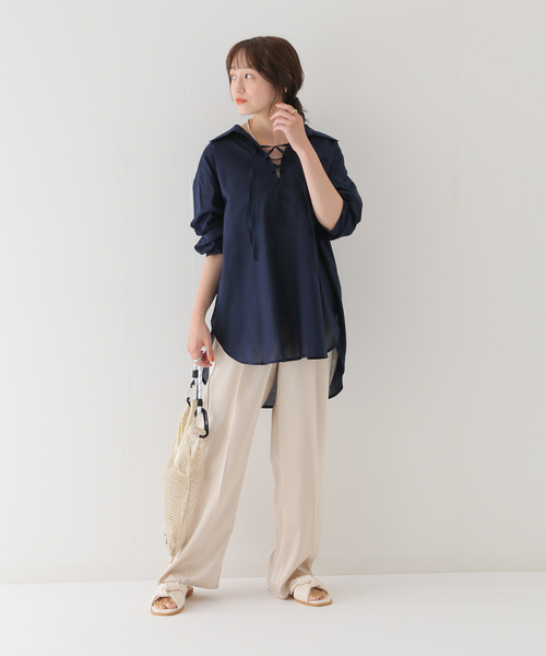 B.C STOCK(ベーセーストック)の「レースアップブラウス(シャツ/ブラウス・レディース・ブラウン/ホワイト/ネイビー・FREE)」の8枚目の写真